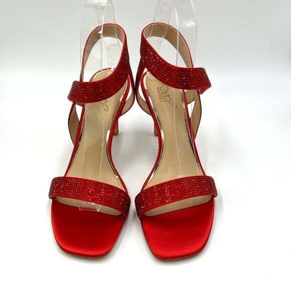 Jewel Badgley Mischka Size 7.5 Edwina Sparkly Rhinestone Red Sandals Heels Shoes - Picture 4 of 14